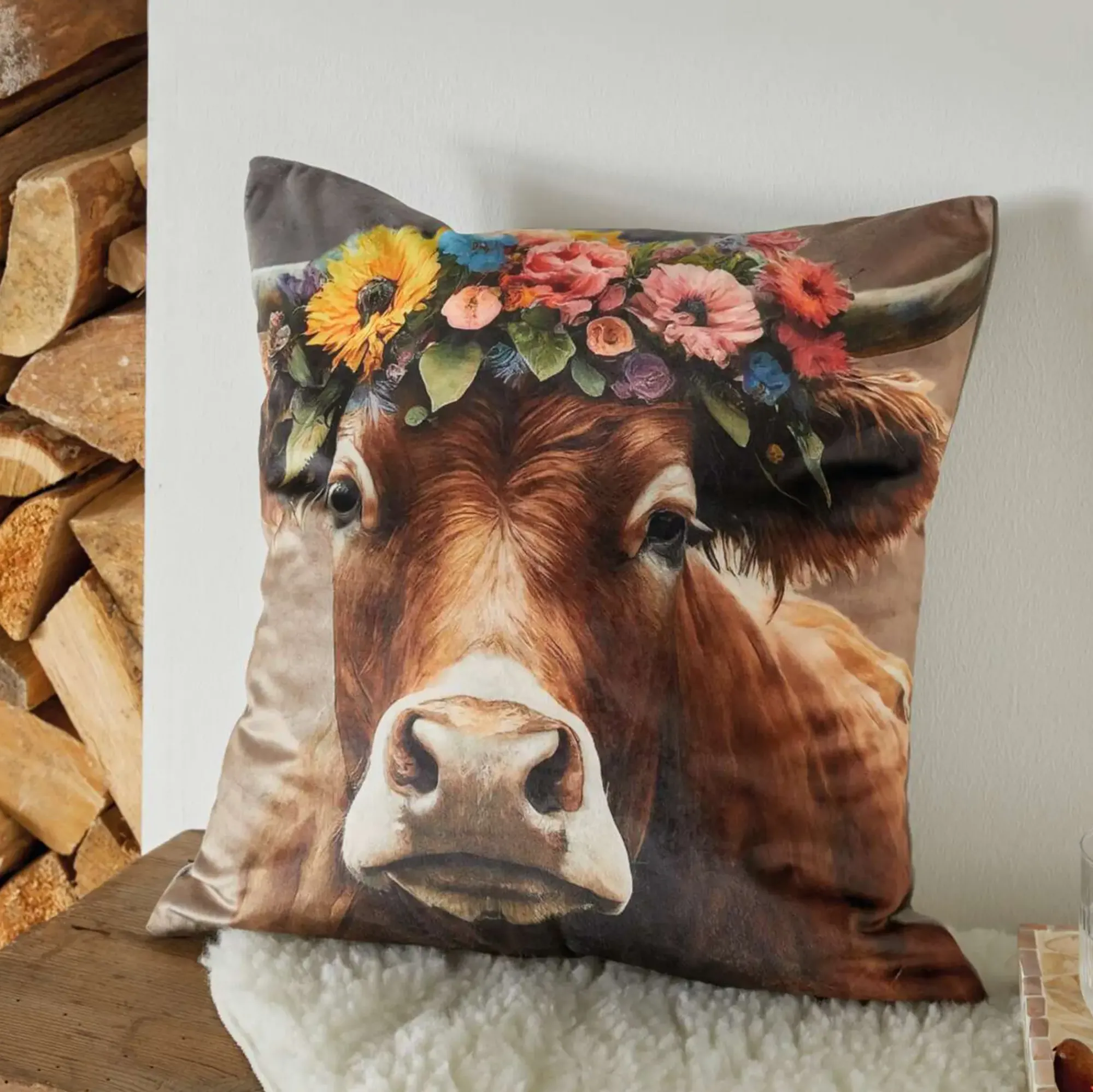 Chalet & Hütte|Kissenhüllen|Frank Handels GmbH & Co. KG Kissenhülle "Kuh mit Blumenkranz"