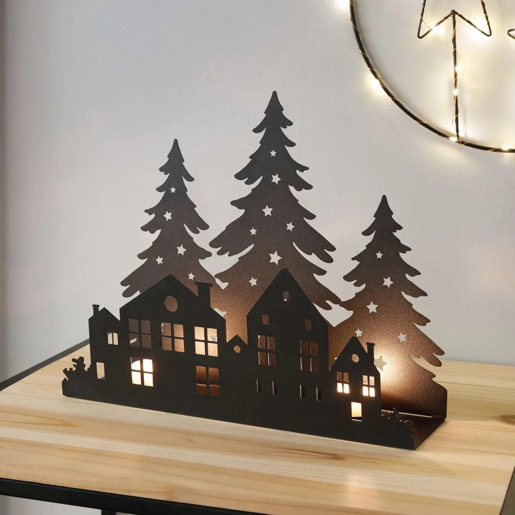 Weihnachtslichter|Teelichthalter|Frank Handels GmbH & Co. KG Teelichthalter "Häuser im Wald"